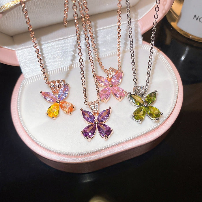 Copper Zircon Flower Teardrop Pendant Necklace Light Luxury Delicate Clavicle Choker for Women