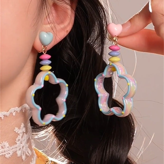 Sweet Style Colorful Resin Flower Heart Hollow Pendant Drop Earrings With Silver Pins
