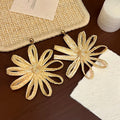 Elegant Handmade Raffia Woven Flower Drop Earrings With Alloy Gold Bead Bohemian Vacation Statement Earrings view 3