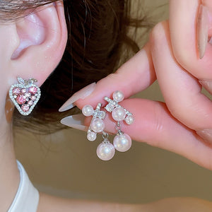 Korean Light Luxury Faux Pearl Zircon Flower Stud Earrings With Silver Pins For Women