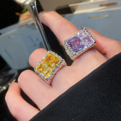 2026 New Copper Zircon Square Pleated Open Ring Minimalist Light Luxury Geometric Finger Jewelry