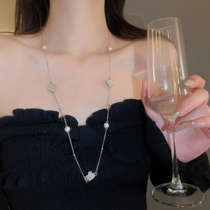 Light Luxury Alloy Rhinestone Flower Pearl Sweater Necklace For Women