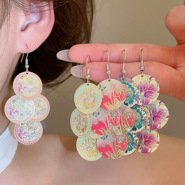 Vintage Enamel Printed Round Tassel Iron Drop Earrings With Geometric Ear Hook Design