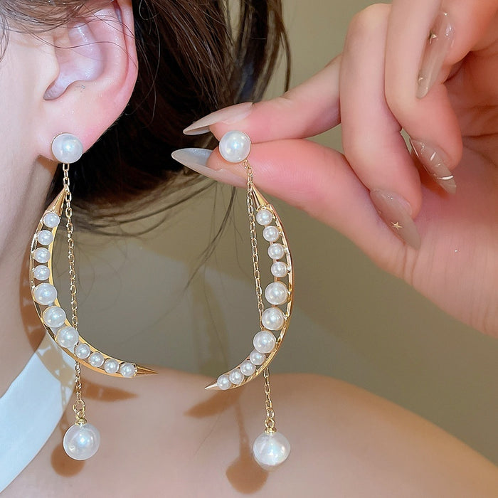 Fashion OL Faux Pearl Moon Tassel Geometric Drop Earrings For Women