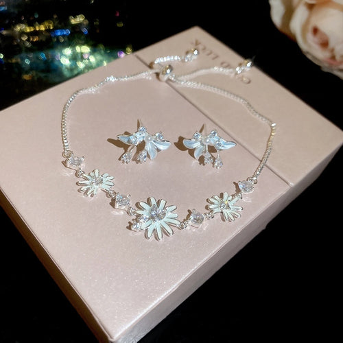 Sweet Flower Zircon Enamel Copper Bracelet And Stud Earrings Jewelry Set For Women