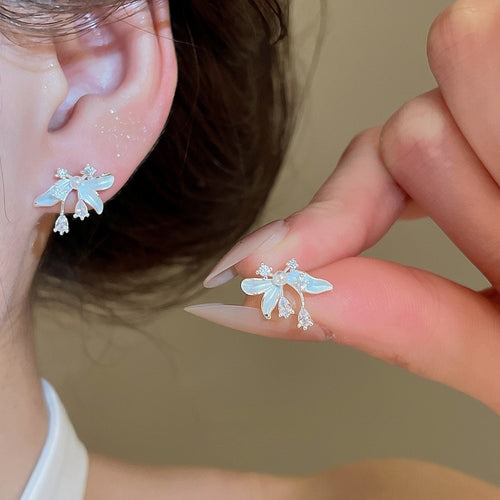Sweet Flower Zircon Enamel Copper Bracelet And Stud Earrings Jewelry Set For Women