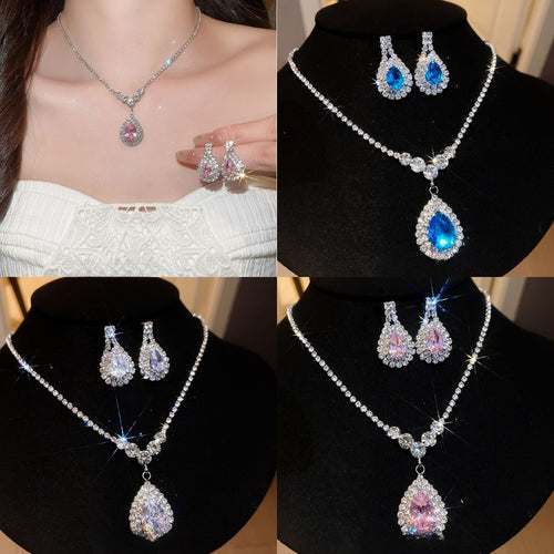 Light Luxury Copper Teardrop Rhinestone Necklace Earrings Jewelry Set For Women