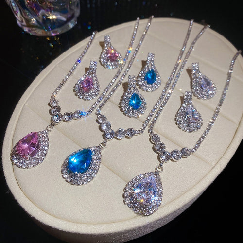 Light Luxury Copper Teardrop Rhinestone Necklace Earrings Jewelry Set For Women