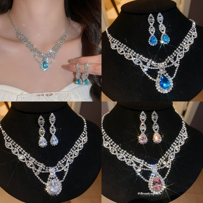 Light Luxury Copper Zircon Teardrop Lace Necklace And Stud Earrings Jewelry Set For Women