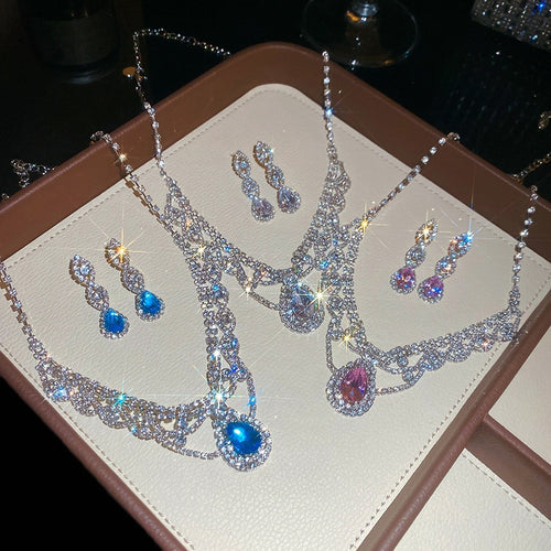 Light Luxury Copper Zircon Teardrop Lace Necklace And Stud Earrings Jewelry Set For Women