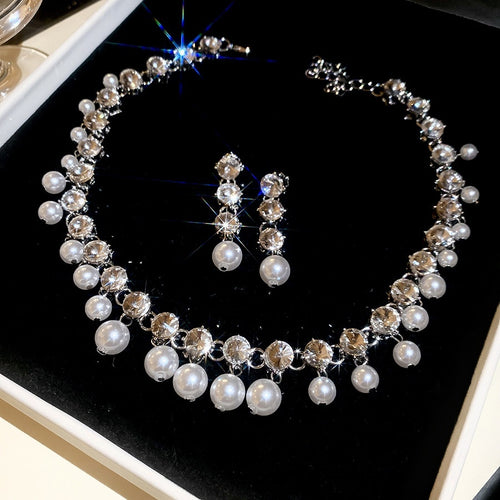 French Vintage Faux Pearl Rhinestone Beaded Necklace Earrings Jewelry Set For Banquet
