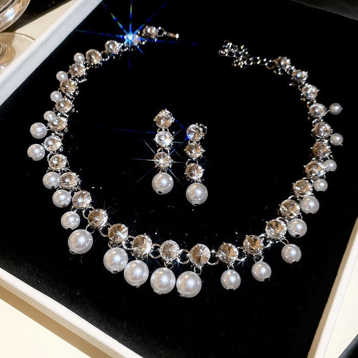 French Vintage Faux Pearl Rhinestone Beaded Necklace Earrings Jewelry Set For Banquet