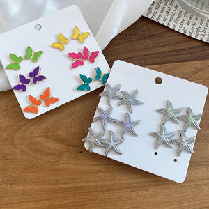 Sweet Girl Copper Stud Earrings With Silver Pins, Enamel Butterfly Starfish Western Style