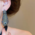 Vintage Copper Rhinestone Oval Leaf Feather Stud Earrings For Women, European Statement Style view 3
