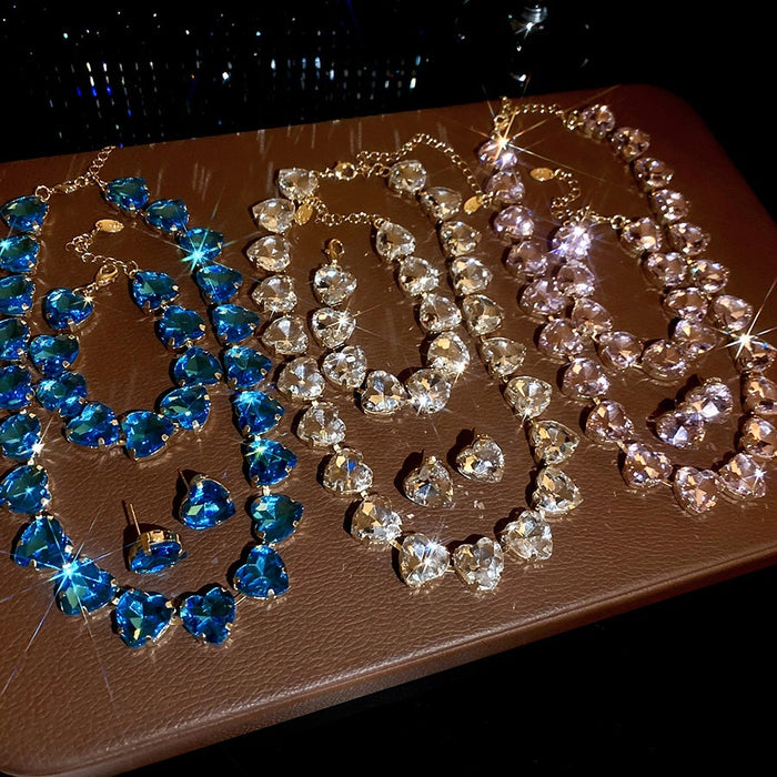 Copper Rhinestone Heart Necklace Earrings Bracelet Jewelry Set For Women Old Money Luxury Style