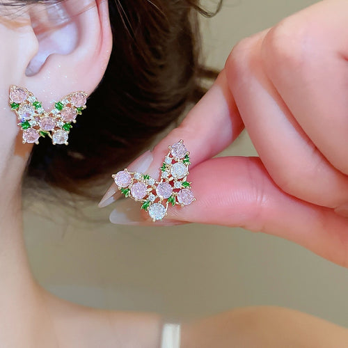 Light Luxury Copper Zircon Butterfly Stud Earrings With Silver Posts For Women