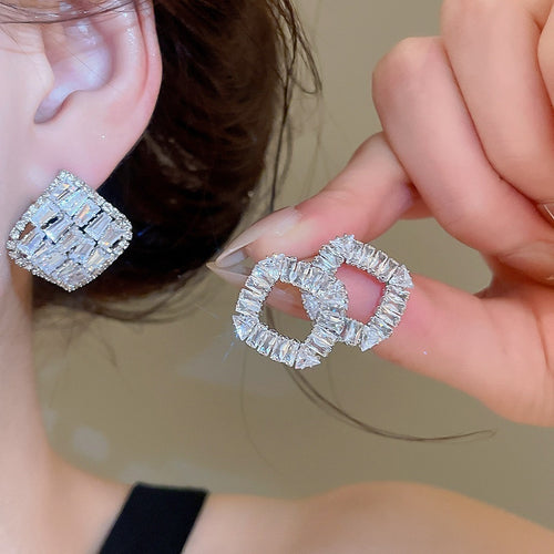 Light Luxury Copper Zircon Rhombus Stud Earrings For Women With Silver Pins