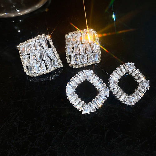 Light Luxury Copper Zircon Rhombus Stud Earrings For Women With Silver Pins