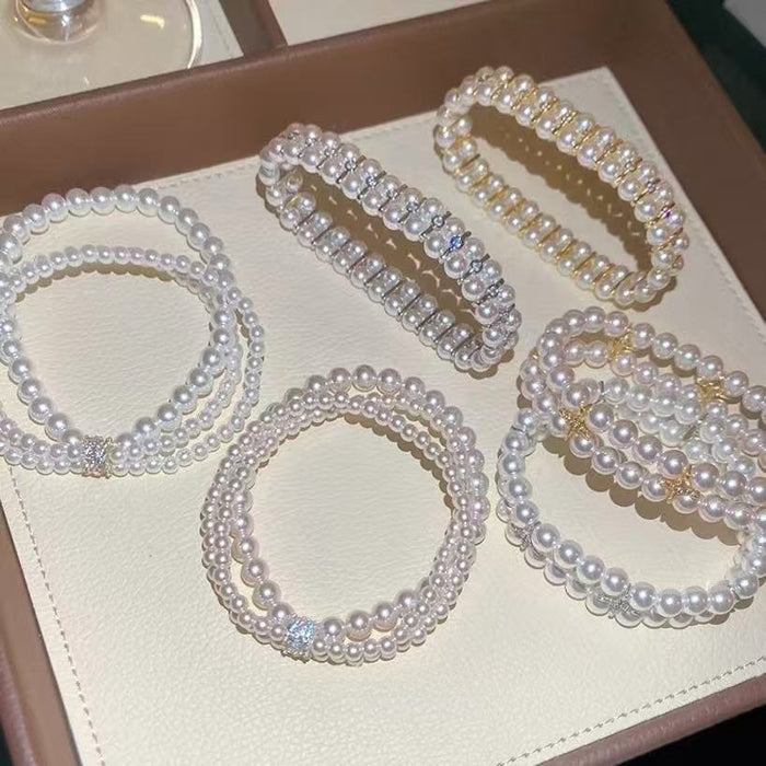 French Vintage Zircon Triple Layer Faux Pearl Beaded Bracelet Light Luxury Geometric Round Jewelry