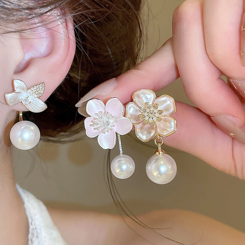 Light Luxury Floral Zircon Enamel Flower Faux Pearl Stud Earrings For Women Office Chic