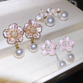 Light Luxury Floral Zircon Enamel Flower Faux Pearl Stud Earrings For Women Office Chic view 1