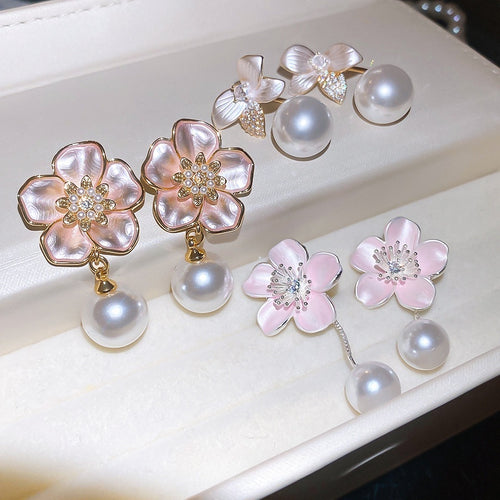 Light Luxury Floral Zircon Enamel Flower Faux Pearl Stud Earrings For Women Office Chic