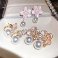 Light Luxury Floral Zircon Enamel Flower Faux Pearl Stud Earrings For Women Office Chic view 3