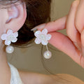 Light Luxury Floral Zircon Enamel Flower Faux Pearl Stud Earrings For Women Office Chic view 4