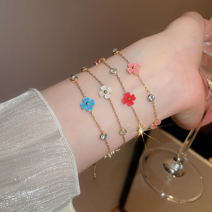 Monet Garden Sparkling Zircon Mother Of Pearl Flower Stainless Steel Beaded Bracelet