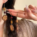 French Vintage Maillard Wood Fruit Bead Tassel Drop Earrings Ethnic Geometric Round Ear Hooks view 1