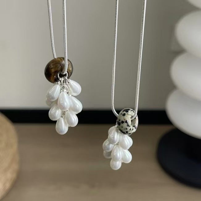 Korean Faux Pearl Grape Cluster Necklace With Natural Stone Accents Casual Geometric Design