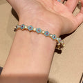 Sparkling Zircon Cat Eye Stone Enamel Flower Open Bangle, Elegant Court Style Women's Jewelry view 4
