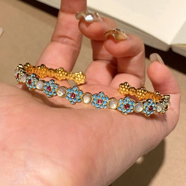 Sparkling Zircon Cat Eye Stone Enamel Flower Open Bangle, Elegant Court Style Women's Jewelry