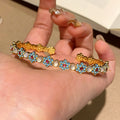 Sparkling Zircon Cat Eye Stone Enamel Flower Open Bangle, Elegant Court Style Women's Jewelry view 3