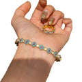Sparkling Zircon Cat Eye Stone Enamel Flower Open Bangle, Elegant Court Style Women's Jewelry view 5