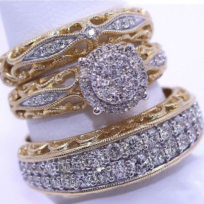 Two Tone Luxury Noble Three Piece Ring Set, Stackable European Classical Rings For Women