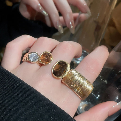 Light Luxury Alloy Oval Rhinestone Open Ring For Women, Vintage Maillard Geometric Index Finger Jewelry