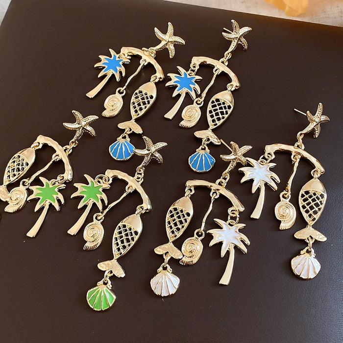 Alloy Starfish Fish Shell Palm Tree Stud Earrings With Enamel Drip Oil Vacation Style Design