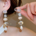 Geometric Oval Faux Pearl Stud Earrings With Rhinestone Silver Posts, Light Luxury Banquet Jewelry view 3