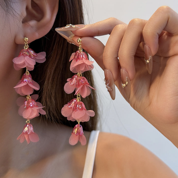 Elegant Pink Flower Tassel Alloy Stud Drop Earrings For Women Vacation Beach Sweet Floral Dangle Earrings