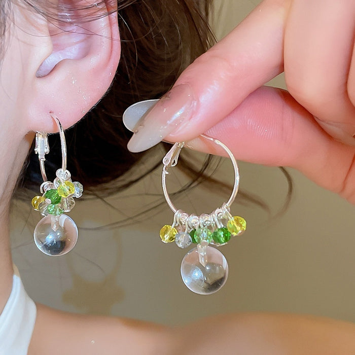 Fresh Forest Style Crystal Beaded Round Pendant Hoop Earrings For Women Vacation Jewelry