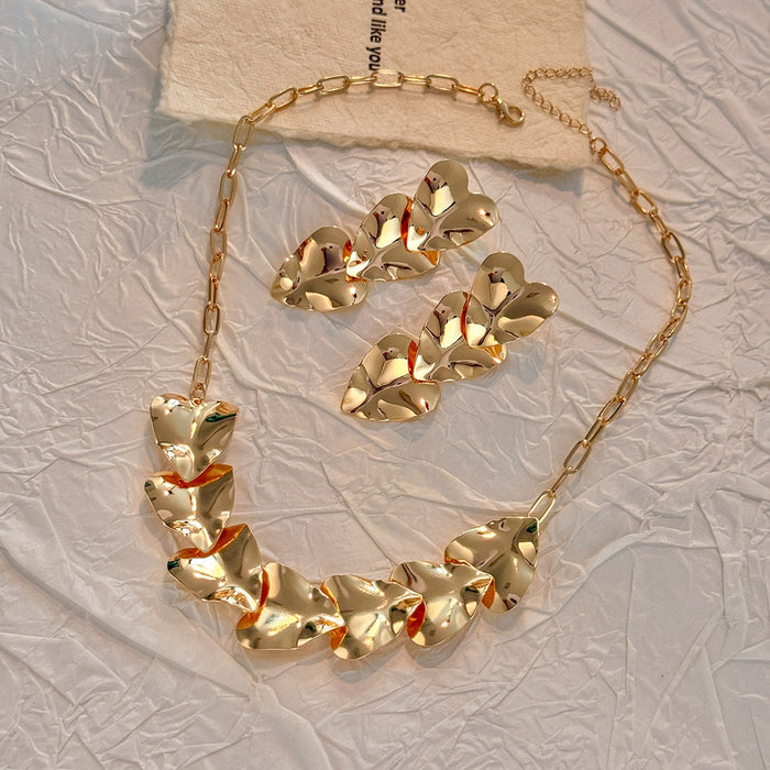 Vintage Gold Alloy Irregular Wrinkled Heart Drop Necklace Jewelry Set Luxury Women's Fashion Earrings