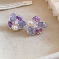 Sweet Floral Zircon Pearl Stud Earrings With Glass Flower And Silver Needle Light Luxury Style view 4