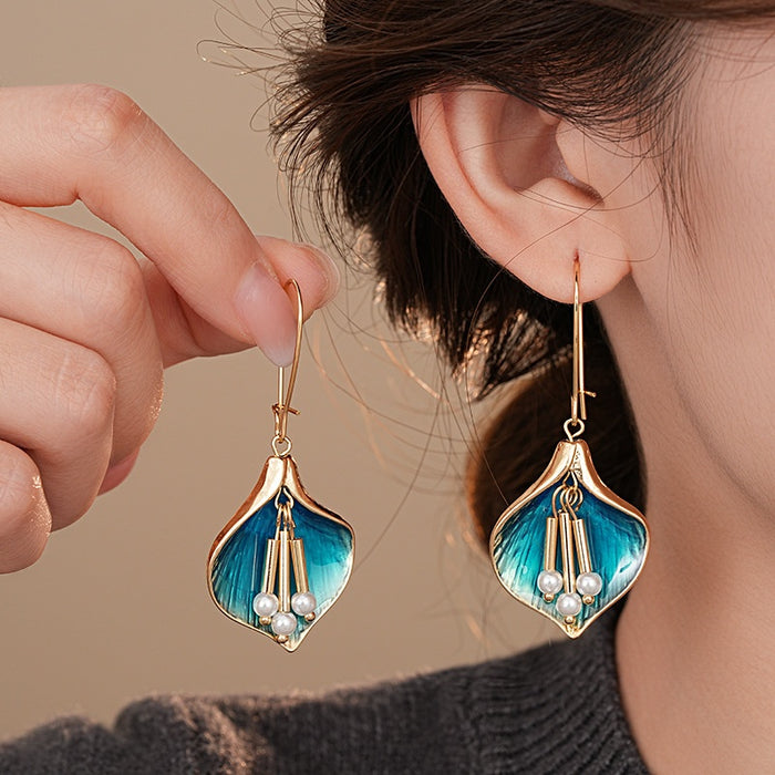 Vintage Enamel Leaf Faux Pearl Hoop Earrings Retro Floral Statement Jewelry