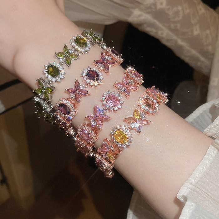 Light Luxury Copper Oval Flower Zircon Bangle With Sparkling Sweet Geometric Design