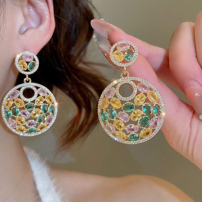 Sparkling Zircon Round Stud Earrings Luxury Palace Style Geometric Statement Jewelry