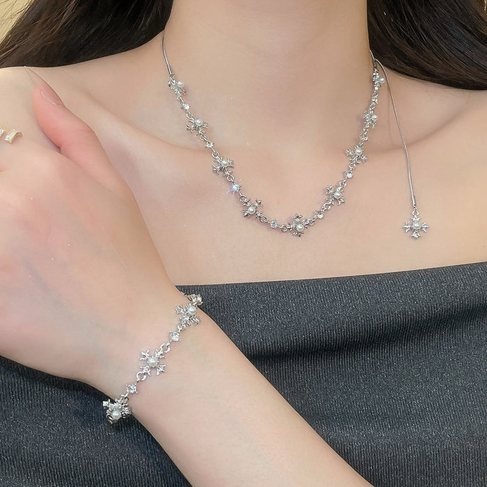 Elegant Alloy Rhinestone Cross Pearl Necklace Bracelet Jewelry Set French Light Luxury Style