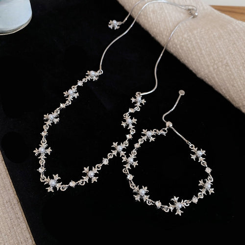 Elegant Alloy Rhinestone Cross Pearl Necklace Bracelet Jewelry Set French Light Luxury Style