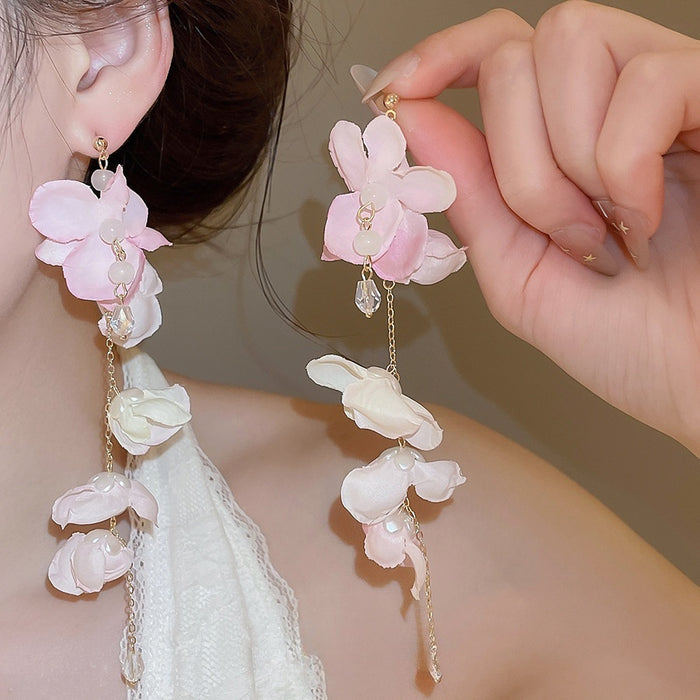 Sweet Vacation Style Fabric Flower Crystal Tassel Drop Earrings For Women