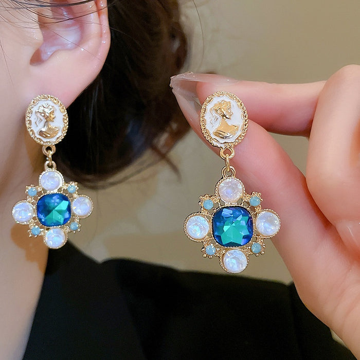 Vintage Alloy Enamel Rhinestone Flower Geometric Stud Earrings With Silver Posts For Women